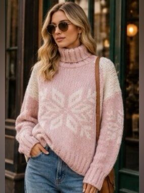 J.Crew Alpaca Wool Snowflake Turtleneck Sweater Pink Cream L Oversized NWT
